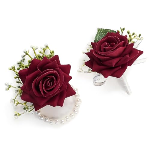 Floroom Burgundy Rose Wrist Corsage Wristlet Band Bracelet and Men Boutonniere Set for Red Wedding Flower Accessories Prom Suit Decorations