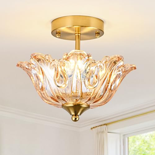 sunkryster Semi Flush Mount Ceiling Light, Gold Vintage Light fixtures with Floral Amber Glass Shade, Modern Close-to-Ceiling Lighting for Bedroom Kitchen Living Room Hallway
