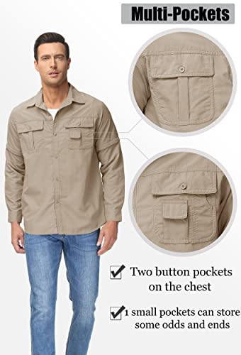 Tacvasen Men's Nylon Solid Camping Hunting Cycling Fishing Convertible Long Sleeve Shirt Khaki, M #TOP4