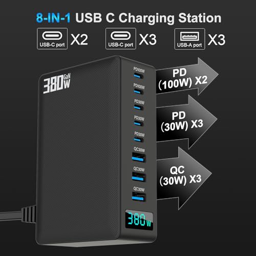 380W USB C Fast Charger Block, Multi-port USB Charging Station, GaN Ⅲ Double 100W PD PPS Port Fast Charging Station for Multiple Devices,Laptop Wall Charger Compatible with MacBook, iPhone 17,iPad etc — view 3