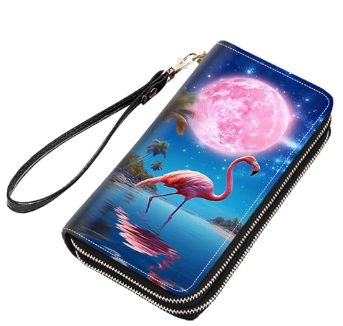 Flamingo Under Moon Print Women Large Capacity PU Leather Double Zipper Wallet, Multifunctional Clutch Purse for Cash/Card/Coin/Smart Phone