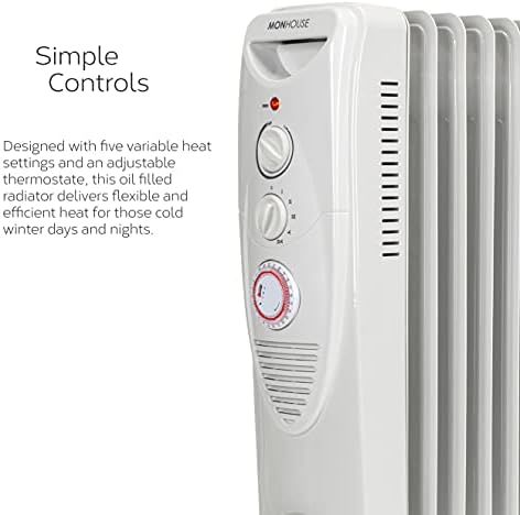 MONHOUSE Oil Filled Radiator Plug in Portable Electric Heater 5 Power Settings, Adjustable Temperature/Thermostat - Thermal Safety Cut Off, 24 Hour Timer & Fan 11 Fins 400W Up To 2900W - White