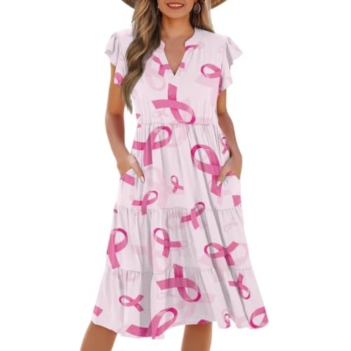 Image of Women's Casual Ruffle Sleeve Dress V Neck Pullover Dress Flowy A-Line Pleated Lightweight Dress with Pockets