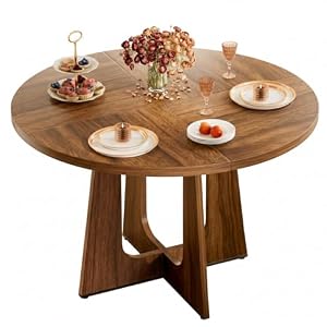 47″ Round Dining Table for 4-6, Farmhouse Wood Kitchen Table, Mid-Century Wooden Circle Dinner Room Table Easy Assembly for Dining Room, Kitchen, Living Room (Brown)
