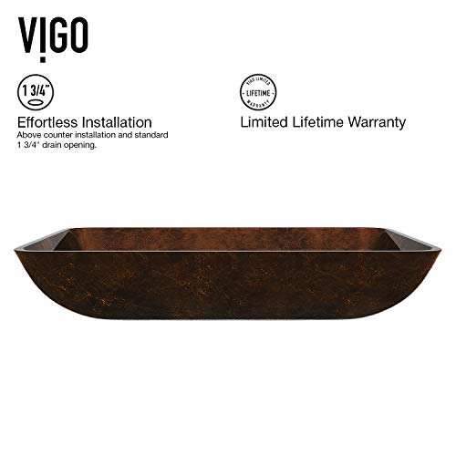 Vigo Vgt1055 22.5" L -14.5" W -10.5" H Handmade Glass Rectangle Vessel Bathroom Sink Set In Rich Chocolate Brown Finish With Antique Rubbed Bronze Single-Handle Single Hole Faucet And Pop Up Drain #TOP4