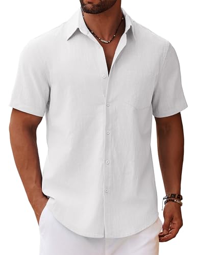 COOFANDY Uomo Camicia Cotone Camicia a Maniche Corte Camicia Estiva Camicia Casual Camicia da Spiaggia Vacanze vestibilità Regolare Bianco M