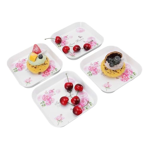 Baxnore 4 Stück Snackplatte, Quadratischer Obstteller, Nuss- und Plätzchenplatte, 15cm x 15cm Tischtablett Essenstablett Frühstückstablett, Mehrzweck Serviertablett (Rose)