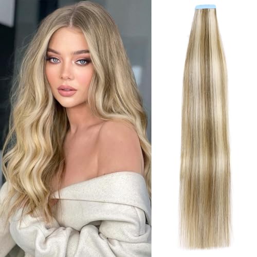 LADY MIRANDA Tape in Hair Extensions Remy Human Hair Full Ends PU Hair Extensions 20 Inches 50g 20Pcs Mixed Blonde Skin Weft Invisible Tape in Human Hair Extensions for Women 20 Inch 9A/P60