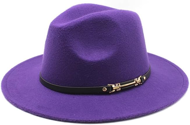 Classic Wool Fedora Hat with Metal Buckle Band, Black, Wide Brim