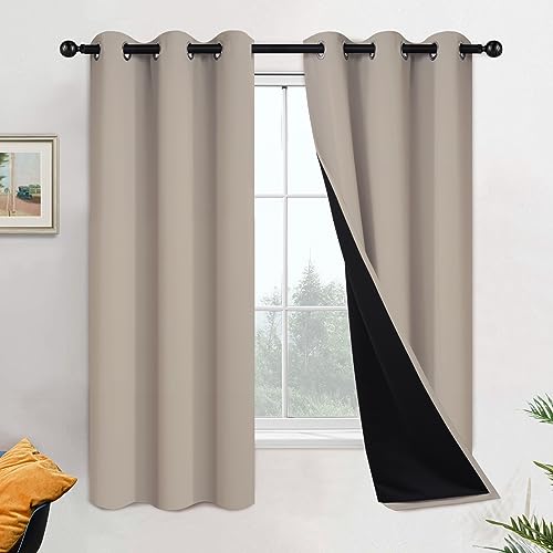 Image of Yakamok Natural Blackout Curtains 63 Inches Long for Bedroom 42 inch Wide 2 PCS | Blackout Curtain Panels for Bedroom, 2 Thick Layers Grommet Top Thermal Insulated Drapes with Black Liner for Living Room
