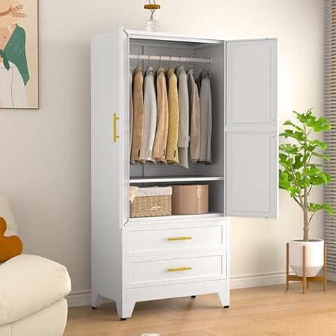 71" H Metal Armoire Wardrobe Closet with 2 Drawers, Adjustable Shelve, Clothes Drying Pole, Steel Wardrobe Cabinet for Bedroom (White) Cover