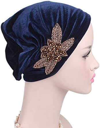 Women's Stretch Velvet Turban Hat Cancer Chemo Beanie Beaded Flower Hair Wrap Cap Headwear - Image 5