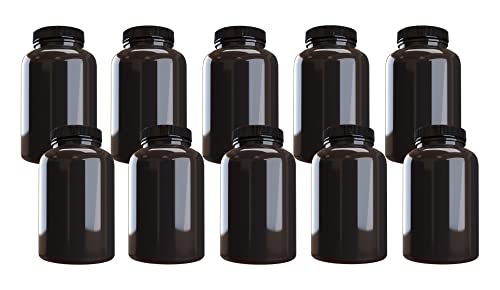 Mountain West Company Plastic Pill Bottle (10 Pack) Dark Amber Container with Black Lid, 500cc Capacity