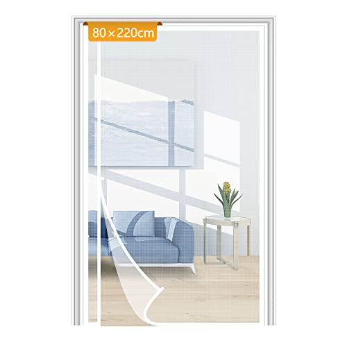 Yotache 80x220cm Porte Moustiquaire à Fermeture Aimantée réversible à Ouverture Latérale Gauche et Droit Fibre de Verre Maille Ultra Fine Sans Perçage Anti-insectes blanche Cover