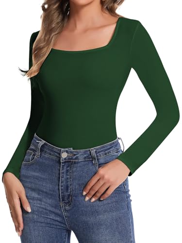 SHAPERIN Women Long Sleeve T-Shirt Elegant Square Neck Top Blouse Plain Stretchy Shirt Casual Tee, Dark Green, S