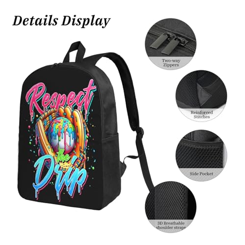 Baseball Respect Drip Home Plate Drip Game Day 17 Inch Backpack Sets Lunch Bag Lightweight Daypack for Men Women 3Pcs3