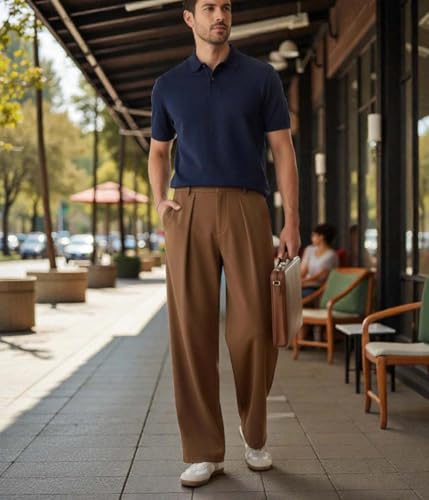 Image of KOTTY Men's Wide Leg Casual Style Korean Trousers with Relaxed Fit Tailoring Modern Structured Design for Professional Wear