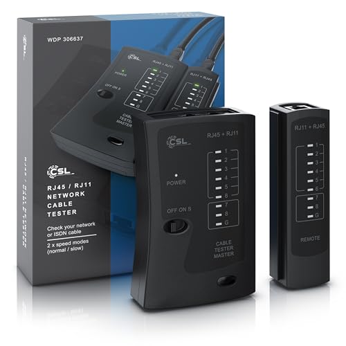 CSL - Netzwerktester - Netzwerk Kabeltester - für RJ45 und RJ11/12(25)/14 Kabel - Patchkabel Tester - LAN network cable tester - 2 Geschwindigkeiten - Prüf-LEDs zum präzisen Testen