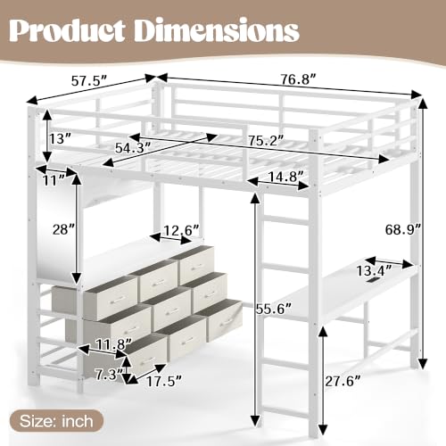 Image of Bellemave Full Size Loft Bed Frame with Desk and Storage Drawers,White