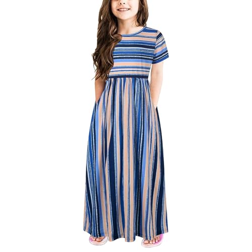 Girls Colorful Striped Casual Slim Fit Dress with Pockets Summer Round Neck Stretchy Dresses Kid Daily School Outfit