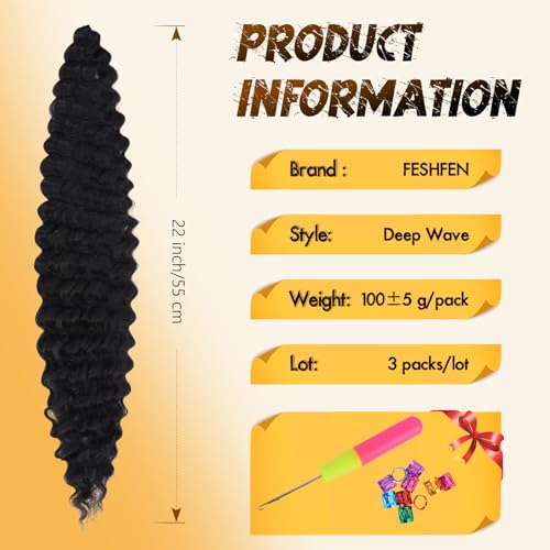 FESHFEN Crochet Braids Premium 55cm Noir - Boucles Deep Twist Haute Définition - 5