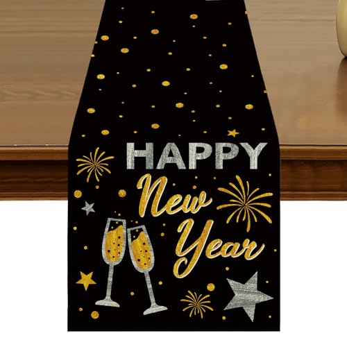 Happy New Year Eve Cheers Table Runner 13x72 Inch Kitchen Dining Winter Black Gold...