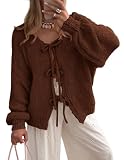 PRETTYGARDEN Women's Tie Front Bow Cardigan Sweaters Chunky Knit Long Puff Sleeve Trendy Fall Winter Jacket Coats (Caramel,X-Large)