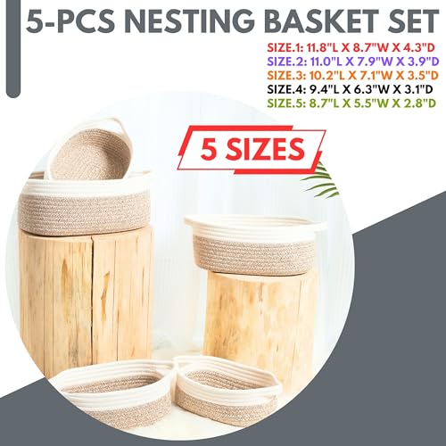 Image of MINTWOOD Design 5-Piece Small Decorative Woven Storage Baskets Set for Shelves, Bathroom, Pantry and Nightstand Organizer, Catch All Tray for Organizing Gifts, Dog and Cat Toys, Light Brown