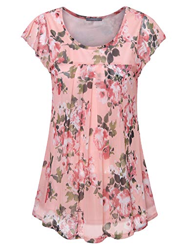 Furnex Floral Blouse for Women, Women Shirts and Blouses Layered Flowy Shirts for Women Ruffle Sleeve A-Line Swing Mesh Tunic Tops for Leggings for Women Pink XXL