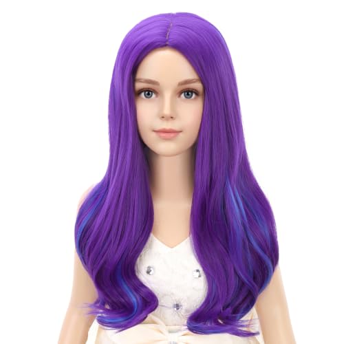 Image of PATTNIUM Blue Purple Wig Kids Wig Long Wavy Wig Child Size Heat Resistant Synthetic Hair Wigs Girls Cosplay Costume Wigs (Blue Purple)