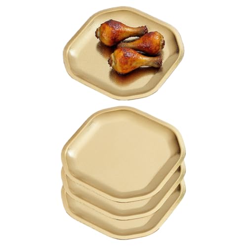 SANQIAHOME Assiette aplatissante délicate, carrée, en acier inoxydable, 15x15 cm, set de 4,Or, adaptée aux entrées, desserts, gâteaux, salades, sushis