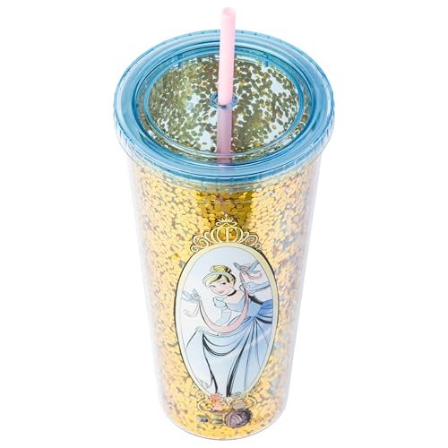 Image of Silver Buffalo Disney Princess Cinderella, Plastic Cold Cup, 32oz | Confetti, Includes Lid and Straw, 0.95 Liters