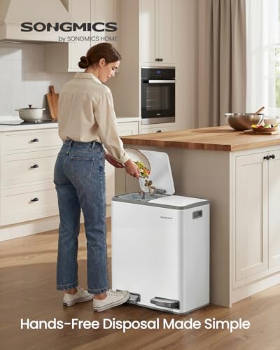 Image of SONGMICS Trash Can, Double Compartment Garbage Can, Stainless Steel | 2 X 8 Gallon (2 x 30 L) for Recycling, with 15 Liner Bags, Soft-Close Lids, Removable Buckets, White ULTB160WZ01