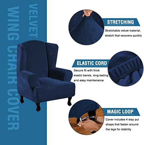 Enova Floral 1 Piece Wingback Sofa Chair Covers, Soft High Stretch Velvet Plush Wingback Armchair Slipcovers, Sofa Covers Durable Wing Chair Furniture Protector For Living Room（Dark Blue） #TOP3