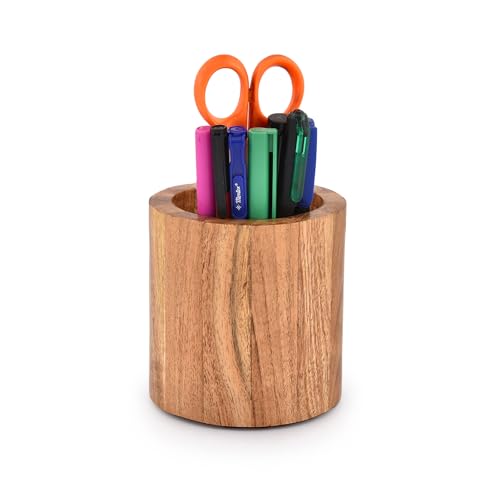 EDHAS Acacia Wood Toothbrush Holder for Bathroom for Toothbrush, Toothpaste, Pens, Makeup Brushes Holder (10.16cm x 10.16cm x10.16cm)