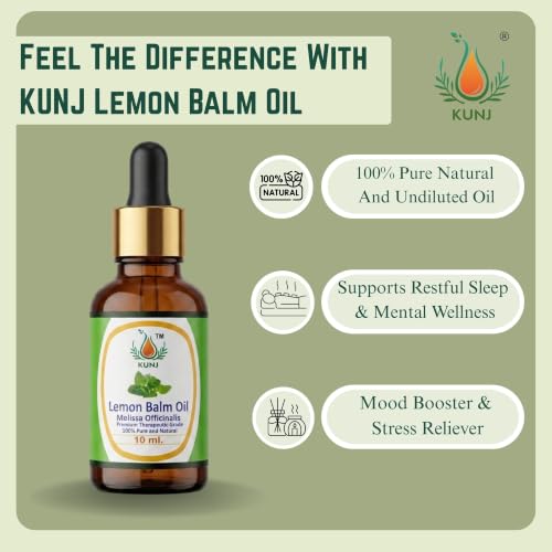 Image of KUNJ Lemon Balm Essential Oil 10ml - Pure Melissa officinalis Oil for Stress Relief, Relaxation, Calm Mood, Sleep Support, Aromatherapy, Diffuser & Skin Care | 100% Natural