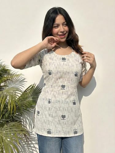 Image of ANNI Designer Women's Viscose Blend Printed Short Kurti | Straight Fit Casual Ethnic Top | Square Neck 3 /4 Sleeve Kurta Office College