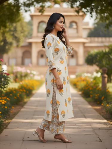 Image of Leriya Fashion Women Printed Kurta Set with Palazzo Pants | Straight Kurta with 3 /4 Sleeves | Ethnic Jaipuri Kurtis Palazzo Set for Women | Kurti for Daily Office & Casual