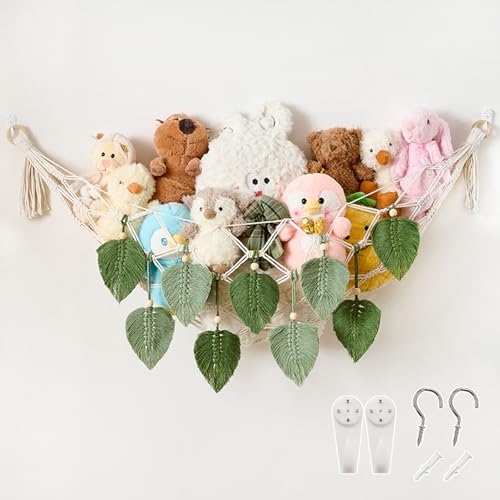 Image of Pretty Jolly Stuffed Animal Hammock with Leaves Moon Shaped Boho Macrame Wall Hanging Organizer, Hanging Stuffed Animal Storage, Nursery Room Decor for Girls Boys (Green)