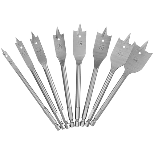 PUCSIQ Juego de 8 brocas fresadoras planas, 150 mm para madera con vástago hexagonal de 1/4 pulgadas, diámetro de 6-32 mm, broca de pala para trabajar la madera, acero al carbono de alta resistencia