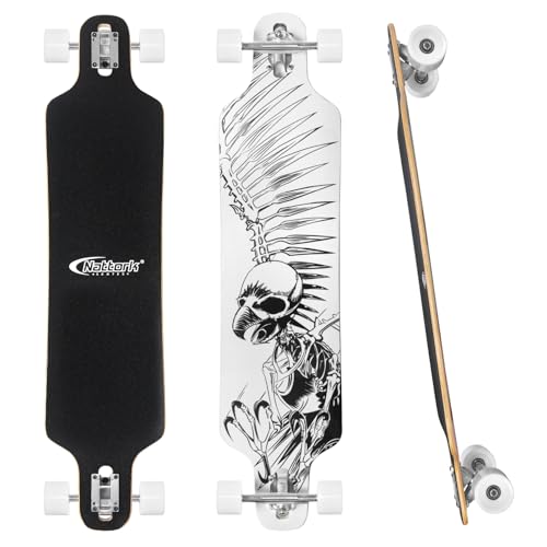 Nattork Nattork Longboard Skateboard Complete 8 Ply Canadian Hard Maple for Commuting, Carving & Downhill Riding with T-Tool, Made for Adults, Teens and Kids 42"- Skeletal Bird