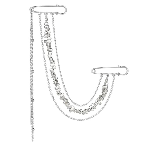 Multi-layer Silver Long Chain Brooch Pin Double Pins Tassel Beaded Brooches and Pins for Women Fashion Punk Suit Decorative Pin Vintage Silver Brooches for Shirt Clothes Accessories Womens Brooch