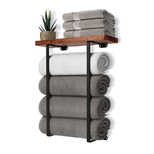 Towel Racks for Bathroom Wall Mounted with Wooden Shelf Bath Towel Holder for Rolled Towels Metal Towel Storage Organizer for Small Bathroom Decor or RV Camper Black