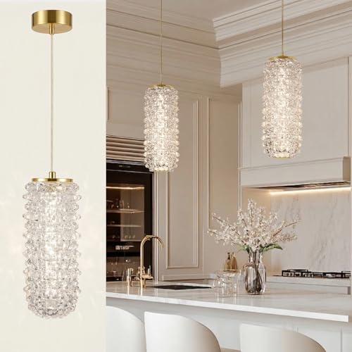 NOPAARD Crystal Pendant Lights for Kitchen Island, Modern Glass Chandelier Lights Fixture, 6000K LED Cold White Hanging Lighting, ETL, Adjustable Height for Dining Room Bedroom (Gold 1-Light) by NOPAARD - Used condition - Image 5
