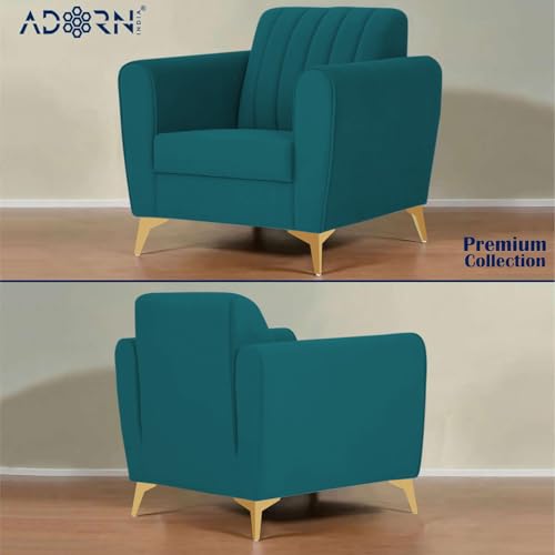 Image of Adorn India Premium Luster 3-1-1 Sofa Set | Velvet Suede Fabric | 3-Year Warranty | Color Ocean Blue with Golden Legs & Striped Pattern Cushion