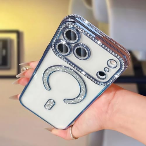 Image of for iPhone 17 Pro Max Magnetic Glitter Case,Luxury Bling Rhinestone Diamond Plated Bumper Case Sparkle Camera Lens Protection Clear Cover for iPhone 17 Pro Max (Blue)