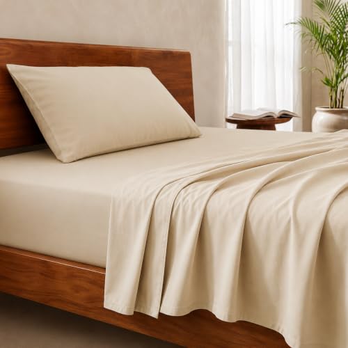 Image of LANE LINEN 100% Organic Cotton Bedsheet for Single Bed - Ivory | GOTS Certified, Percale Weave, 60x90 inches, Soft & Breathable, Machine Washable, Includes 1 Pillow Cover