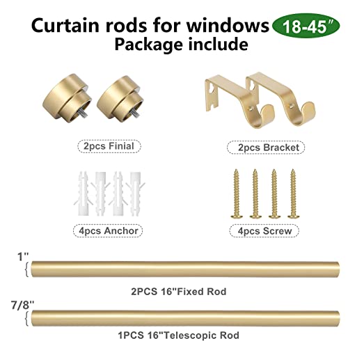 Gold Curtain Rods For Windows 28 To 48 Inch(2.3-4Ft),1 Inch Diameter Heavy Duty Curtain Rods,Adjustable Curtain Rod,Modern Decorative Drapery Rods,Telescoping Window Curtains Rod 18-45",Brass Gold #TOP5