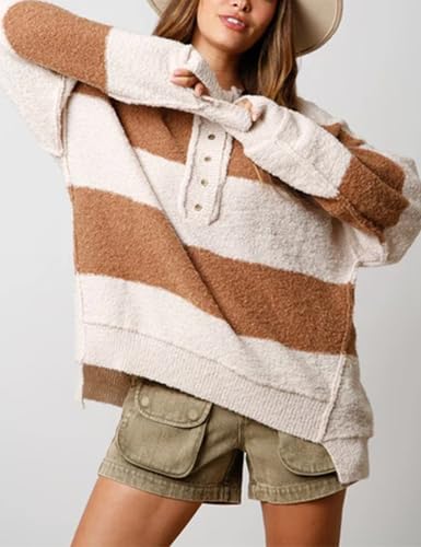 Womens Oversized Striped Sweater Long Sleeve Color Block Half Buttoned Collar Knit Pullover Tops3