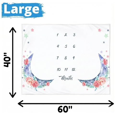 Image of Twin Milestone Blanket - 60 inch x 40 inch Baby Gifts for Twins - Large Double Moon Floral Monthly Age Backdrop - Premium 250GSM Soft Fleece - Newborn Multiples Stuff & Shower Present